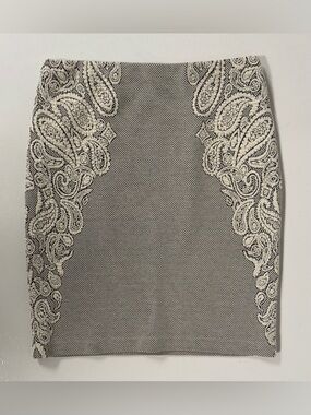 J McLaughlin Pencil Skirt Embroidered Black Cream Preppy Workwear Office Women S